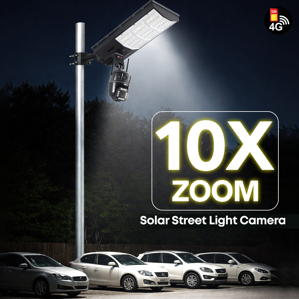 COFE 4G 2-in-1 Solar Street Light Camera Outdoor, Dual Lens PTZ Wireless Security Cam, Two-Way Audio, Motion Detection, Night Vision, IP66 Waterproof, Home Surveillance System