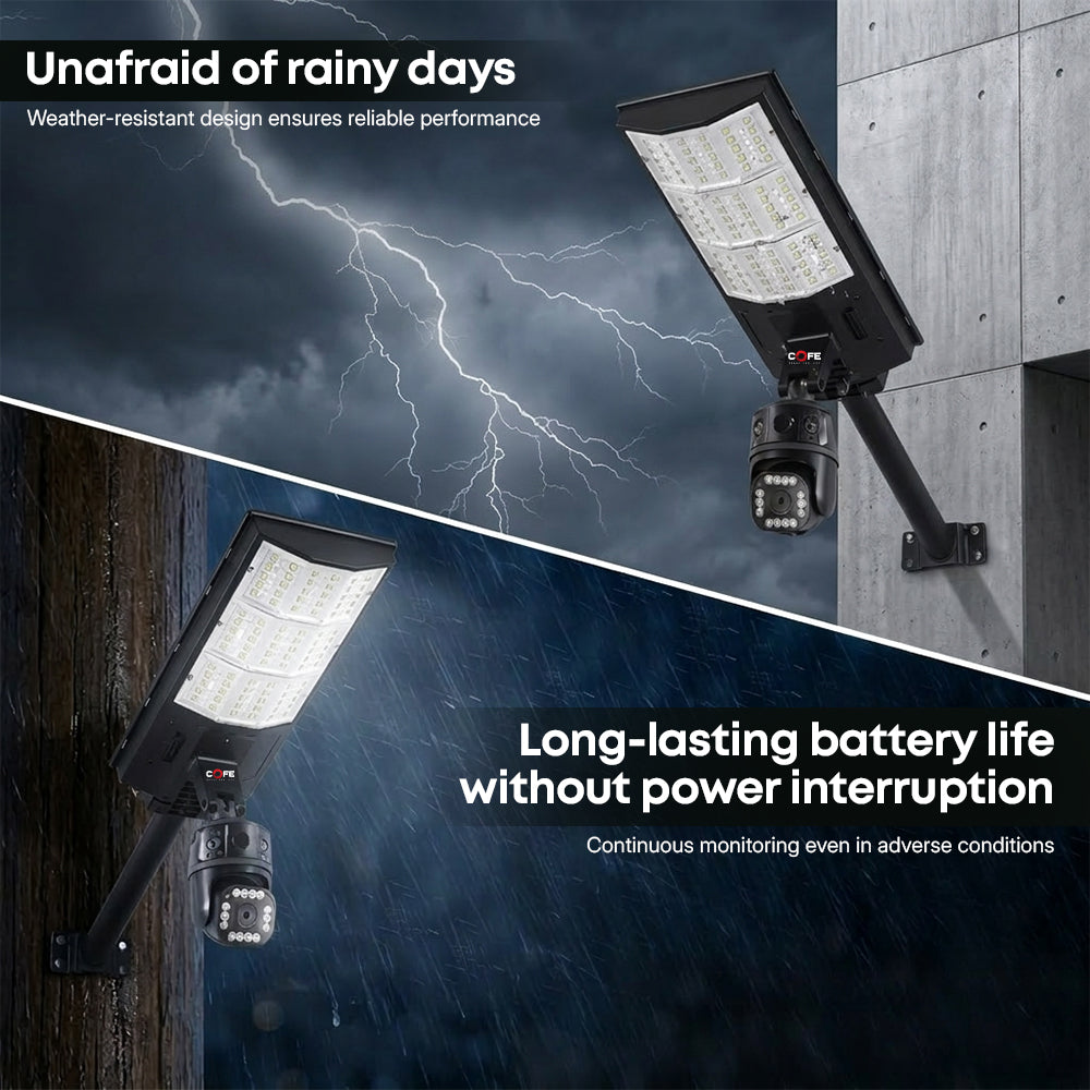 COFE 4G 2-in-1 Solar Street Light Camera Outdoor, Dual Lens PTZ Wireless Security Cam, Two-Way Audio, Motion Detection, Night Vision, IP66 Waterproof, Home Surveillance System